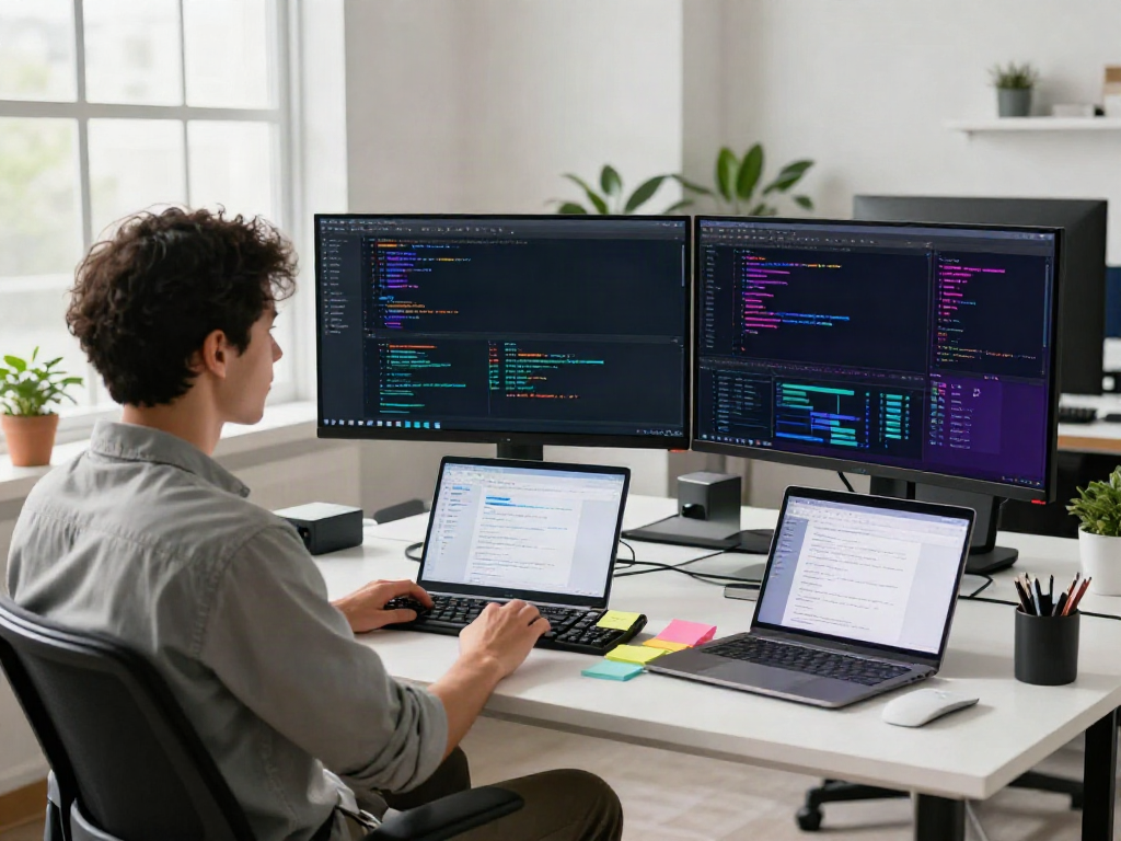 Programmer leveraging instant indexing tools at a modern tech workspace
