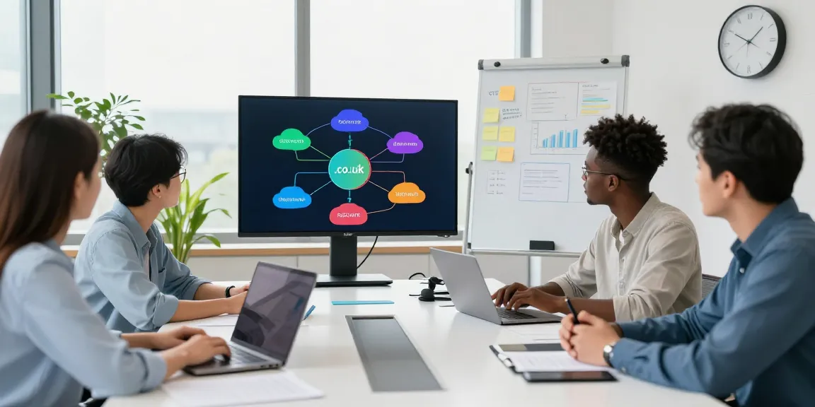 Team collaborating in a modern office to register a .co.uk domain name.