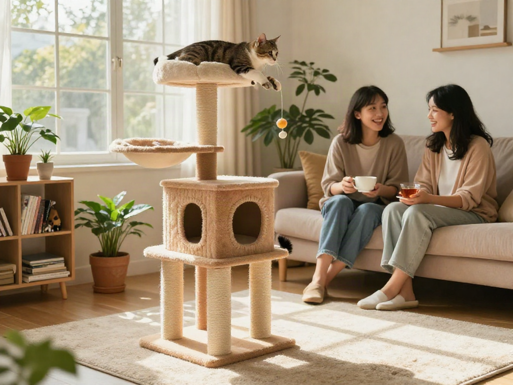 Playful cat on a cat tree with family around in a cozy living room.